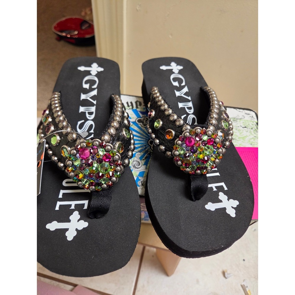 Gypsy Soule Cupcake Black Platform Flip Flops Swarovski Crystal Leather  9